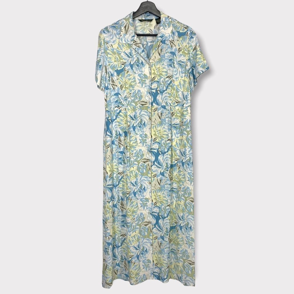 Vintage 90s Blue Button Up Floral Short Sleeve Full Length Dress Medium Petite
